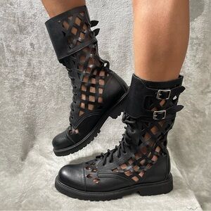 Black Laser Cut Caged Combat Boots EU 42 US 10 Faux Leather Lace Up Buckle